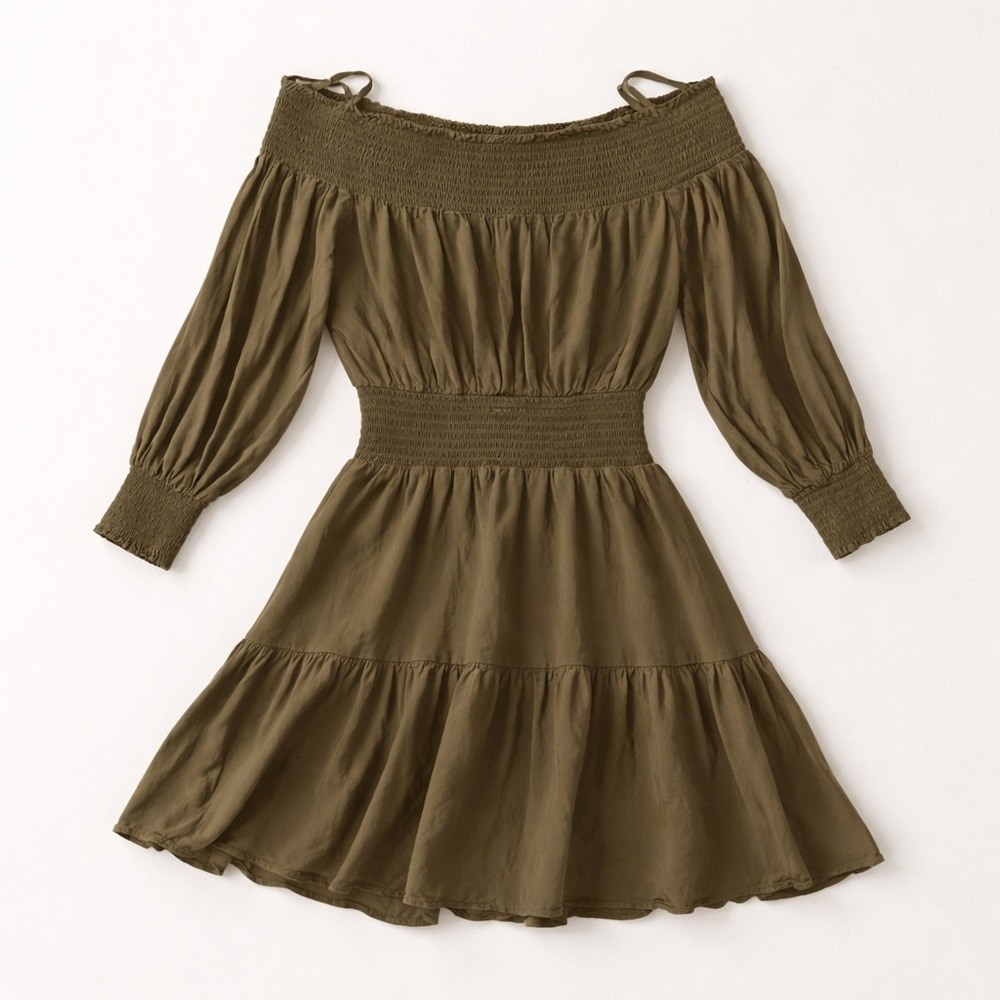 Gianni Bini Olive Green Boho Peasant Cottagecore Off Shoulder Mini Dress XS‎